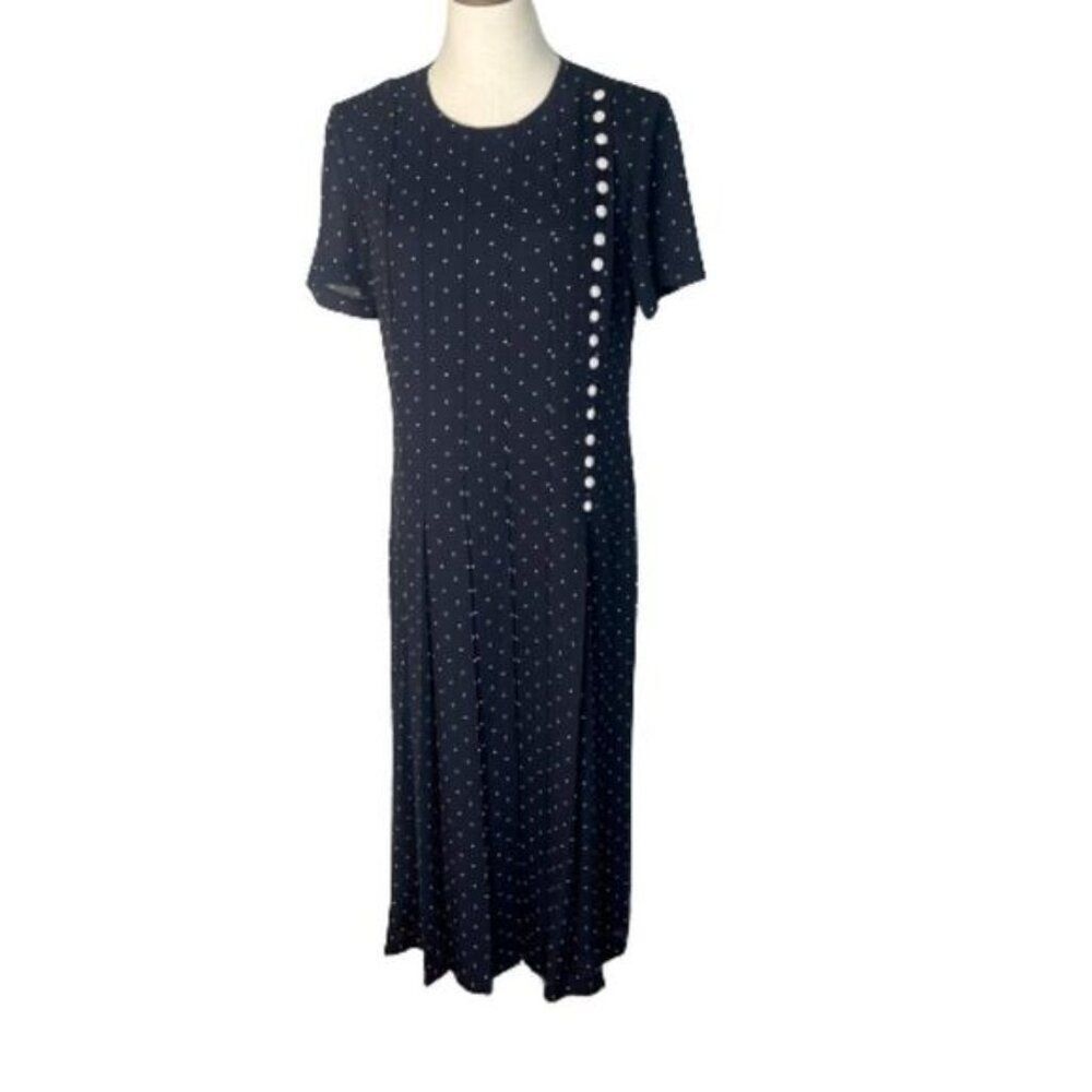Vintage Halmode Petites Polka Dot Midi Pleated Dress Blue White 8 P